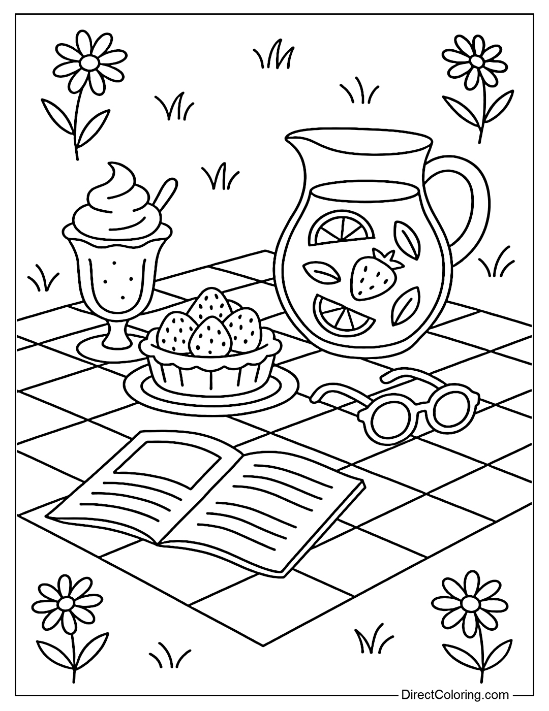 Coloring page of a simple picnic on the lawn, with a sundae, strawberry tart, a jug of juice, an open magazine and sunglasses.